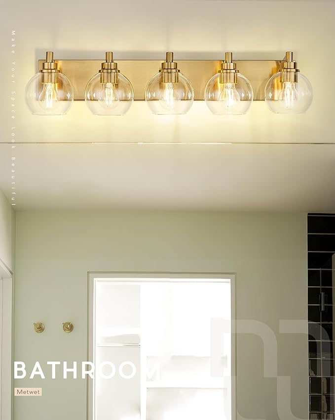 Bathroom Light Fixtures, 5 Light Brushed Gold Vanity Light, 32 Inch Modern Wall Sconces with Globe Clear Glass Shade, Vanity Lighting Fixtures Over Mirror, VL195-BG-CL-5