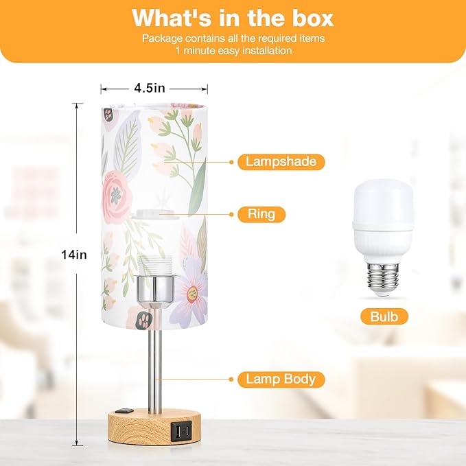 Floral Touch Lamp for Bedroom- 3 Way Dimmable Bedside Lamp USB C A Charging Ports and AC Outlet, Small Table Lamp Floral Linen Lampshade for Gift, LED Bulb Included