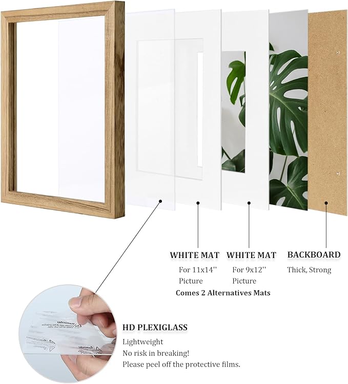 Egofine 12x16 Picture Frame with Plexiglass Made of Solid Wood, Display Pictures 9x12/11x14 with Mat or 12x16 Without Mat Set of 4 for Wall Mounting, Carbonized Brown