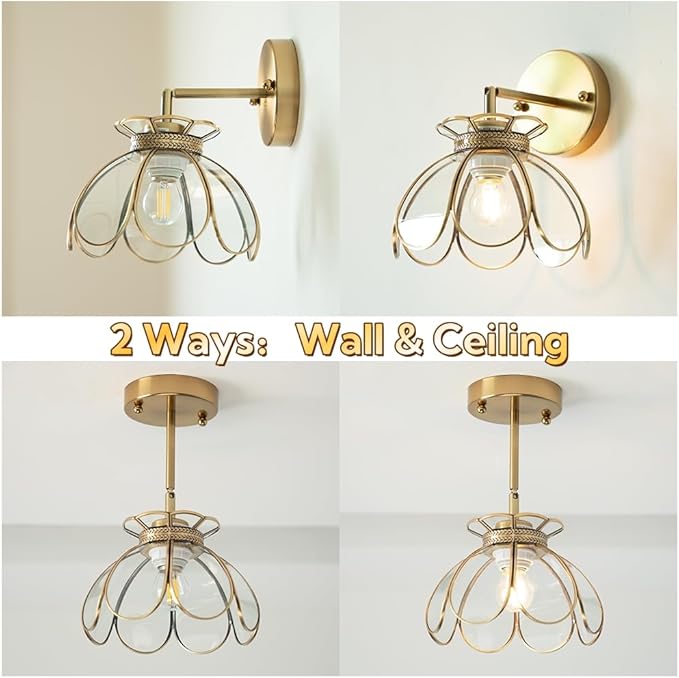Brass Glass Wall Sconces Vintage Oriental Lotus Ceiling Light Fixture Flower Glass Shade for Kitchen Island Dining Room Bedroom Living Room, Emerald Mini Ceiling Wall Mount 2Way Light Fixture