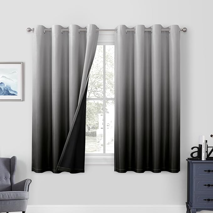 HOMEIDEAS Black 100% Ombre Blackout Curtains for Bedroom, 52 X 63 Inches Long Room Darkening Gradient Light Blocking Thermal Insulated Grommet Drapes for Living Room, 2 Panels
