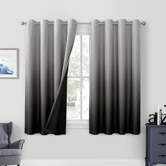 HOMEIDEAS Black 100% Ombre Blackout Curtains for Bedroom, 52 X 63 Inches Long Room Darkening Gradient Light Blocking Thermal Insulated Grommet Drapes for Living Room, 2 Panels