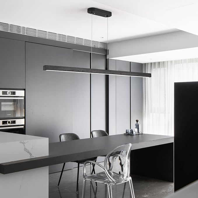 39 Inch LED Linear Pendant Light Black Wood LED Kitchen Island Lighting Dimmable Ceiling Hanging Chandeliers for Dining Room Living Room Bar Pool Table 24W Modern Farmhouse Fixture Black