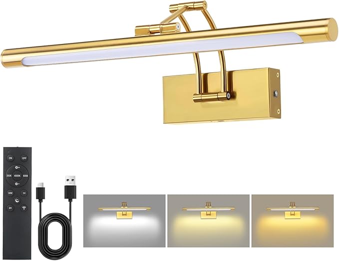 16“ Picture Lights for Wall Battery Operated, Wireless Picture Light with Remote, Rechargeable Wall Light 3000K/4000K/6000K Dimmable, Art Lighting for Paintings Frame Gallery Dartboard Light, Brass