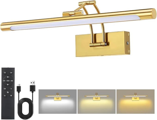 16“ Picture Lights for Wall Battery Operated, Wireless Picture Light with Remote, Rechargeable Wall Light 3000K/4000K/6000K Dimmable, Art Lighting for Paintings Frame Gallery Dartboard Light, Brass