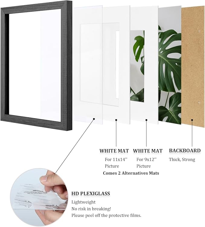 Egofine 12x16 Picture Frames 4PCS Covered by Plexiglass, Made of Solid Wood, Display Pictures 9x12/11x14 with Mat or 12x16 Without Mat for Wall Mounting, Black with Texture
