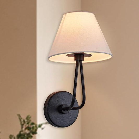 1 Light Wall Sconce Classic Single Head Wall Lighting, Modern Wall Mounted Lamp with Cream Linen Shade, Hardwired Light Fixture for Bedroom, Living Room, Corridor, Entryway- Black