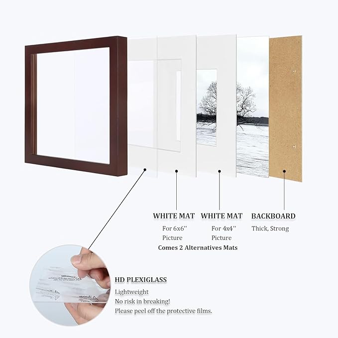 Egofine 8x8 Picture Frames Made of Solid Wood with Plexiglass, Display Pictures 4x4/6x6 with Mat or 8x8 Without Mat Set of 4 for Tabletop and Wall Mounting, Walnut Color