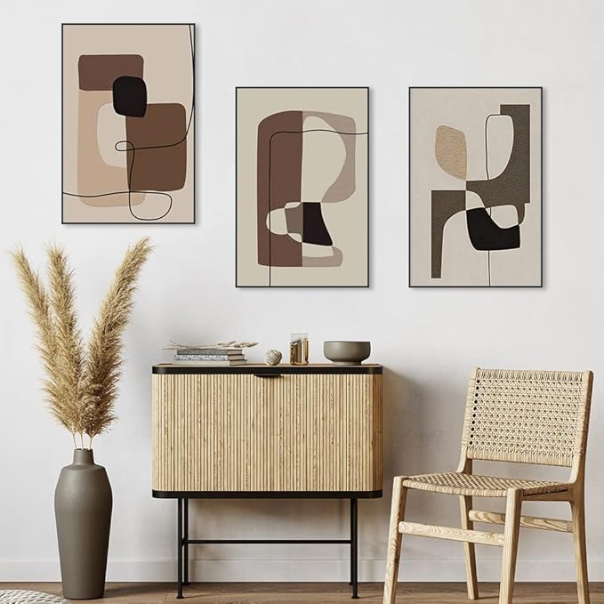 FCHUI Modern Aesthetic Decor 16" x 24" Framed Wall Art,Neutral Black, White And Gray Abstract Lines Color Block Canvas Posters & Prints, Home Wall Decor Living Room Bedroom Bathroom