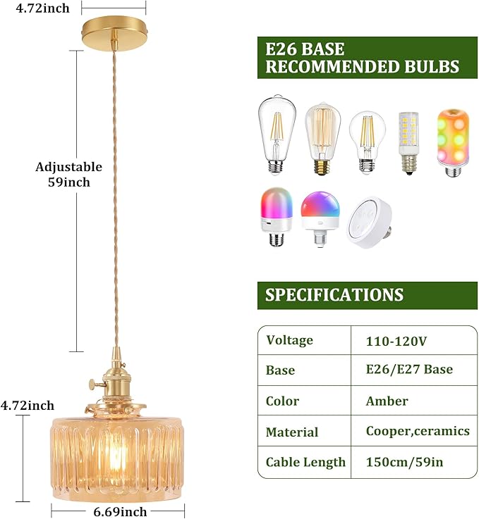 Pendant Light with Amber Striped Glass Lmapshade, Brass Vintage Pendant Light Adjustable Hanging Light for Kitchen Island Dining Room Hallway