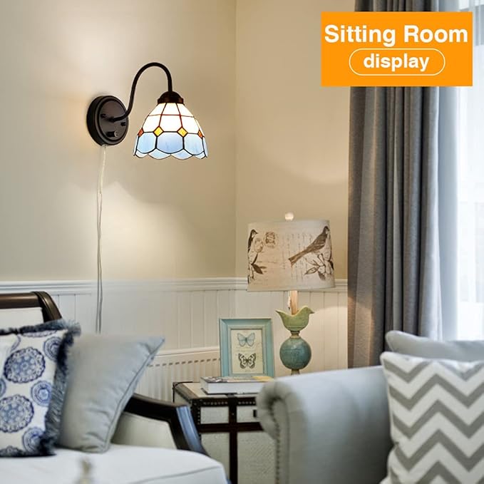 Tiffany Bedside Wall Mount Lamp with Dimmable Switch, Industrial Vintage Gooseneck Wall Sconce with Plug in Cord, Sea Blue Stained Glass Shade Wall Light Perfect for Bedroom, Living Room and Hotel