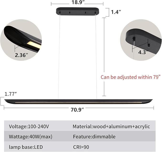 71" Wood Linear Pendant Light,Dimmable Kitchen Island Lighting with Remote,40W LED Island Lights for Kitchen,Adjustable Linear Chandelier for Dinning Room Light Fixture,Bar,Pool Table Light Black
