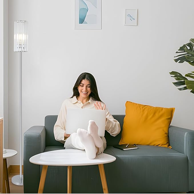 HMVPL Chrome Floor Lamp for Living Room, Modern Pole Floor Lamp for Bedroom with K9 Crystal Shade, Silver Standing Lamp for Corner with On/Off Switch,Elegant Tall Lamp for Nursery Kids Girls Room Home