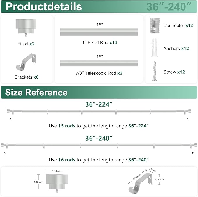 Extra Long Curtain Rods 120 to 240 Inch(10-20ft),1Inch Silver Adjustable Extra Long Curtain Rod,Heavy Duty Decorative Window Curtains Rod for Bedroom,Long Curtain Rods 120-240