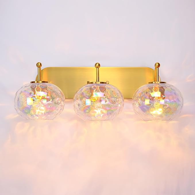 23" Brushed Gold Vanity Light Stained Hammered Glass Wall Sconce 3-Light Brass Wall Lamp for Hallway Living Room Stairwell Bathroom Over Mirror (Brass Gold, 3-Light)