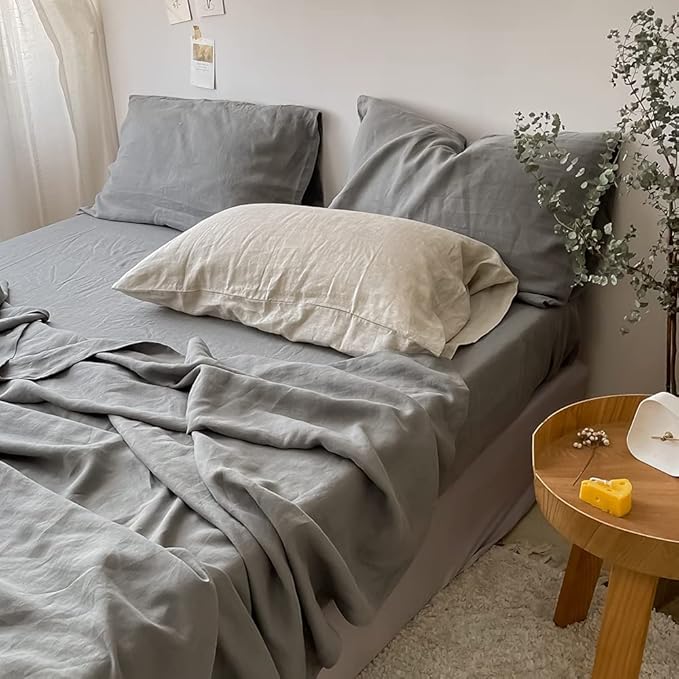 Simple&Opulence 100% Linen Pillowcases Basic Style Solid Color Set of 2, Queen Size Stone Washed Flax Pillow Cover Envelope Closure (20''x30'', Ultimate Grey)