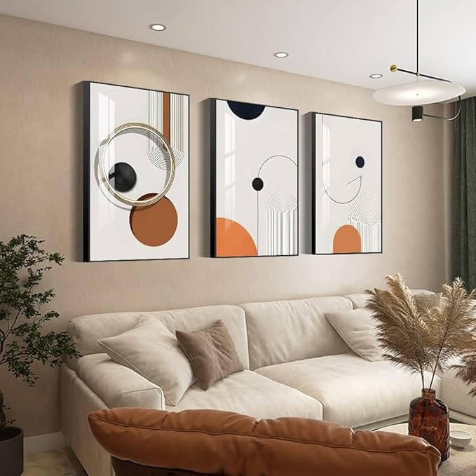Framed Bright style Wall Art, Boho Wall Art Set of 3, Mid Century Modern Decor 16" x 24", Minimalist Black Beige Neutral Abstract Geometric Wall Decor Canvas Prints for Bedroom Living Room Bathroom