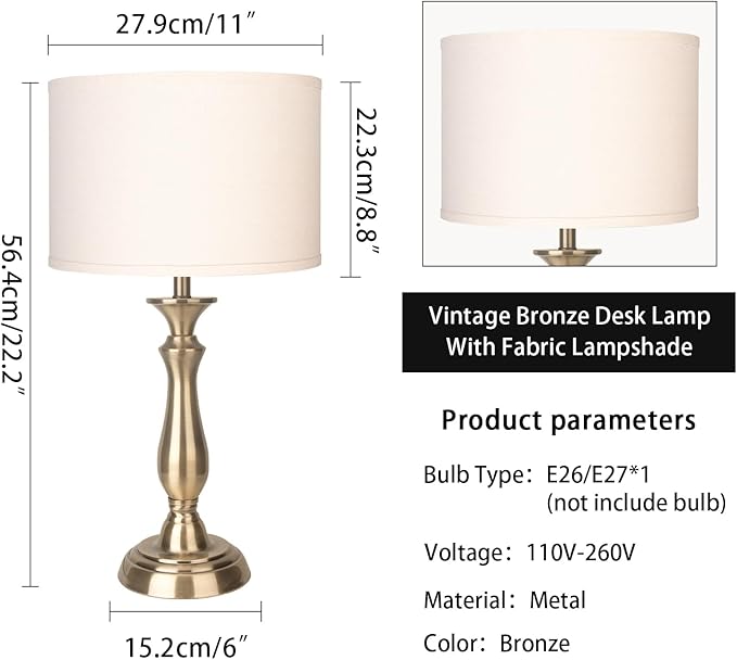 22.2“ Vintage Desk Lamp for Living Room, Mid Century Table Lamp for Bedroom, Bedside Lamps for Night Stands,Reading Lamp for Bedroom Office Room,Beige Lampshade (Bronze)