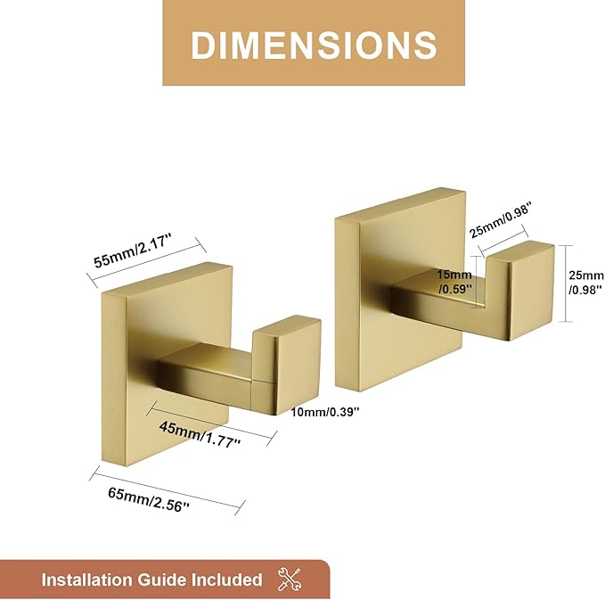 TASTOS Bath Towel Hooks Brushed Gold, 4 Pack Stainless Steel Robe Coat and Clothes Hook, Heavy Duty Wall Hook for Bathroom & Kitchen, Modern Square Style Wall Mounted…