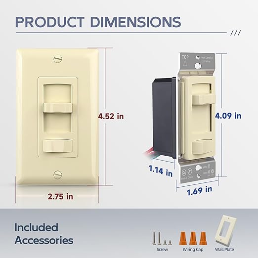 ECOELER Ivory Dimmer Wall Light Switch, Universal Lighting Control for 3-Way/Single Pole, Compatible with 300W Dimmable LED/CFL Lights and 600W Incandescent/Halogen Bulbs, Wallplate Included
