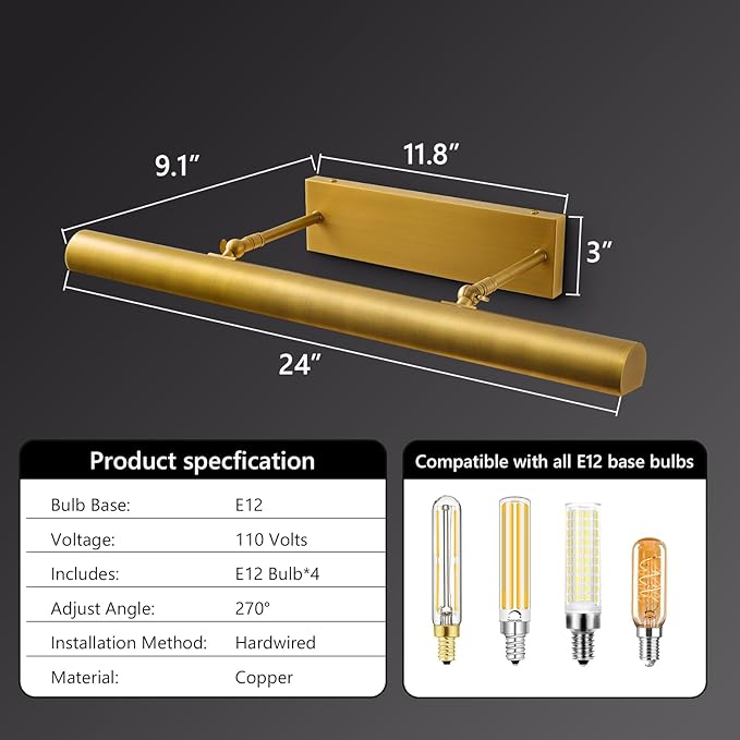 Brass Picture Light for Wall Gold Wall Sconces for Gallery 24" Linear Picture Light Hardwired, 3-Light Gold Art Light, Dimmable Lamp, 270° Picture Frame Light for Bedroom, Living Room, Hallway