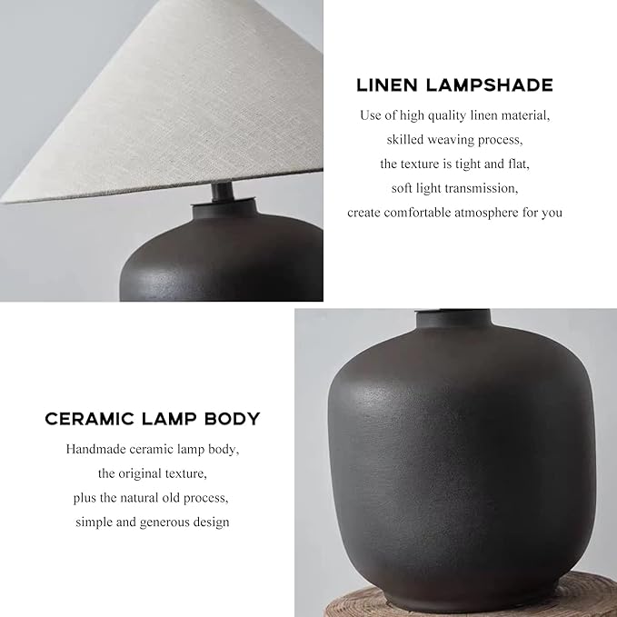 PURESILKS Modern Minimalist Table Lamps, Rustic Farmhouse Ceramic Table Lamp, 16.53" Tall Desk Lamp with Off-Black Linen Drum Lampshade Decor for Living Room Bedroom Bedside Nightstand (Black)