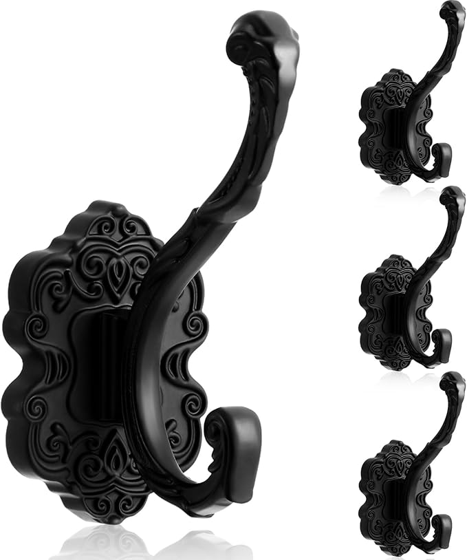 Zonon Vintage Coat Hooks Antique Wall Hooks Towel Hook for Hanging Purse Hat Keys Clothes Curtain Unique Heavy Duty Bathroom Hook for Wall(4 Pcs,Black)
