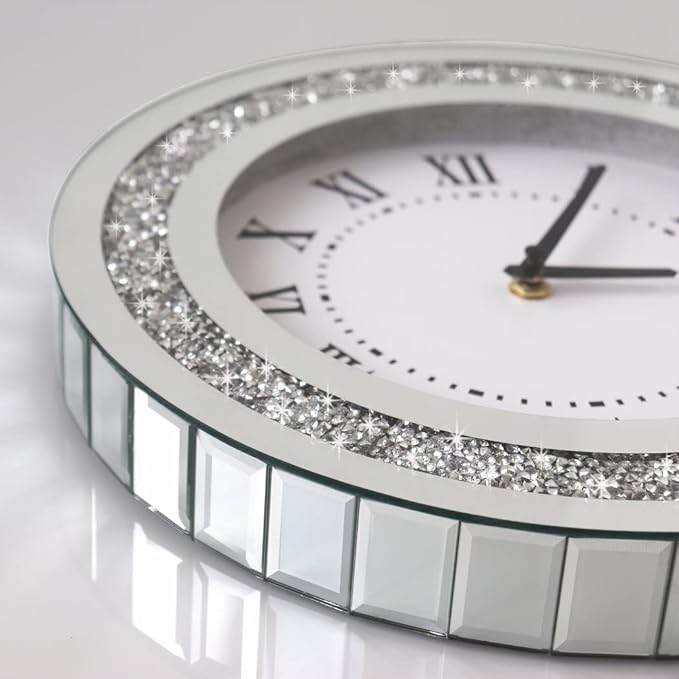 Silver Round Mirror Clock 12inch Crystal Sparkle Twinkle Bling Crush Diamond Mirrored Wall Clock for Wall Decoration Silver Glass Mirror Home Decor. AA Battery is not Included.
