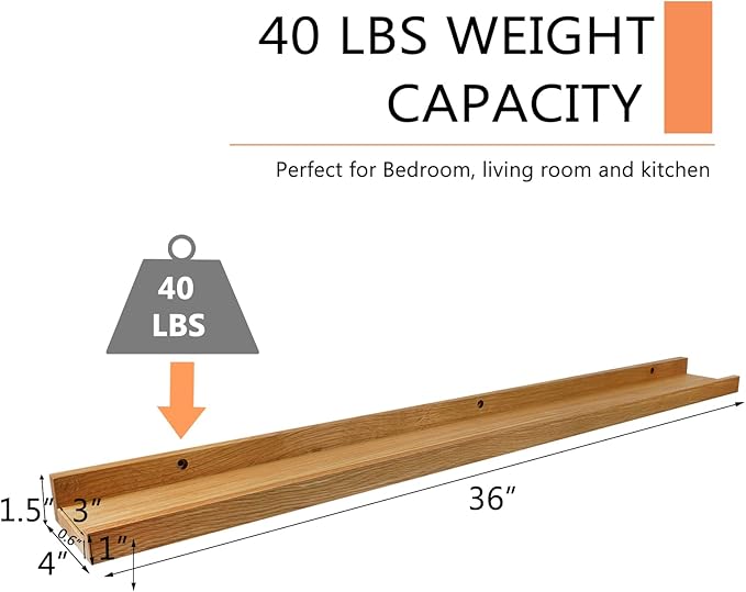 Long Floating Shelf 36 Inch Natural Wood Shelves, Rustic Display Books Picture Ledge Shelf for Wall Mounted, Natural Solid Oak Wood Shelf, Easy to Install, Natural Color, 36 *4 *1.5 (1 Pack)