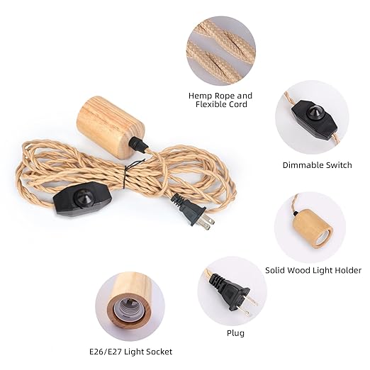 Arturesthome Wood Pendant Light Cord Kit with Dimmable Switch,16.4FT Vintage Industrial Hanging Plug in Lamp Cord with Twisted Nylon Rope Socket E26 E27 for Farmhouse Lamp Cable Retro DIY