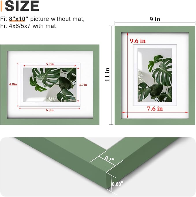 Egofine 8x10 Picture Frames 4PCS, Made of Solid Wood Display 4x6 and 5x7 with Mat Covered by Plexiglass, for Table Top Display and Wall Mounting Photo frame, Green