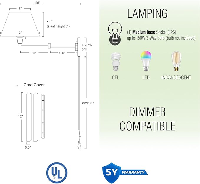 Kira Home Cambridge 15" Swing Arm Wall Lamp - Plug in/Wall Mount + Latte Mocha Fabric Shade, 150W 3-Way + Cord Covers, Black Finish