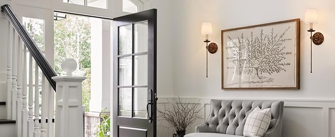 Wall Sconces Set of 2 Antique Brass Wall Lights Vintage Farmhouse Off-White Fabric Wall Lamp for Vanity Stairway Fireplace Living Room Bedside Passway Hallway