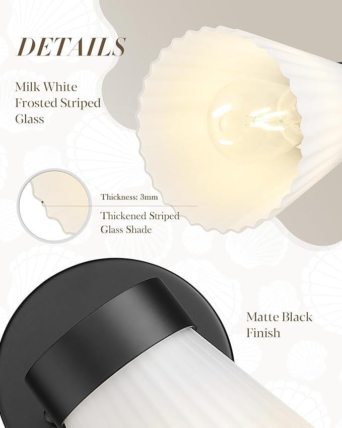 Bathroom Wall Sconce Set of Two, HWH Wall Vanity Light with Frosted White Striped Shade, Industrial Wall Lamp Matte Black for Bathroom Doorway, 5HZG97B-2PK BK