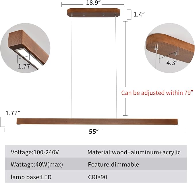 55 Inch Wood Linear Pendant Light Dimmable LED Kitchen Island Lighting with Remote Adjustable Hanging Chandelier for Dining Room Bar Pool Table 30W Modern Farmhouse Fixture Walnut Color