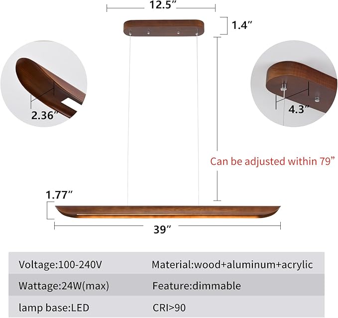 39" Wood Linear Pendant Light Modern Dimmable Kitchen Island Lighting with Remote 24W LED Island Lights Adjustable Linear Chandelier for Dinning Room Light Fixture, Bar, Pool Table Light Walnut Color
