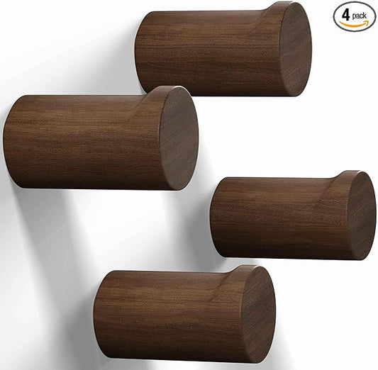 READAEER Walnut Wood Wall Hook 4 Pack, Natural Wooden Coat Hooks Wall Mounted, Hat Hooks Heavy Duty Entryway Wall Hangers for Hanging Towels, Clothes and Bags