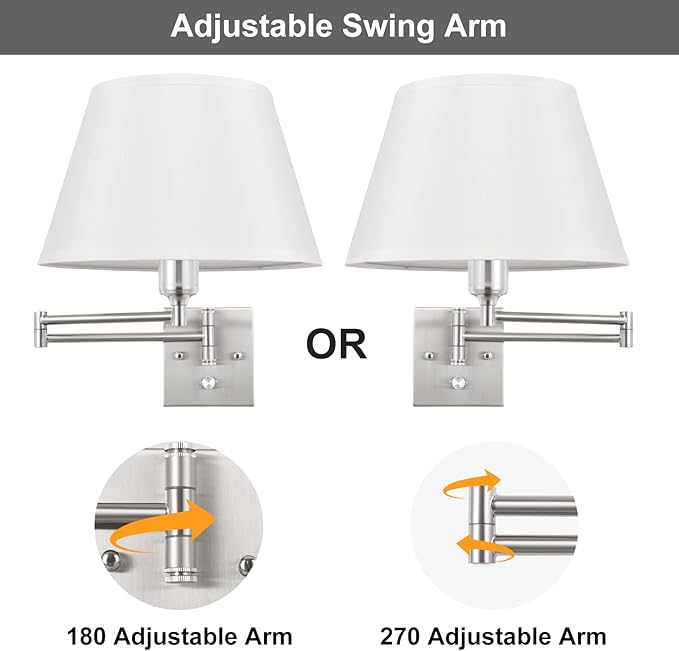 TRLIFE Dimmable Wall Sconce Plug in, Brushed Nickel Wall Sconces Set of Two Swing Arm Wall Lights with Plug in Cord and On/Off Dimmer Rotary Switch, 11.8" Large White Fabric Shade(2 Pack, 2 Bulbs)