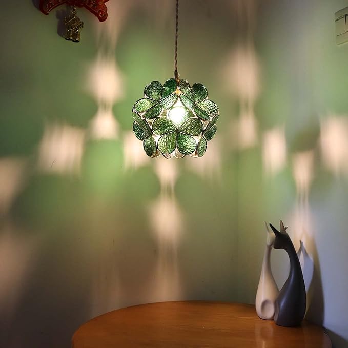 Bieye Tiffany Style Stained Glass Flower Petal Lampshade (Textured Deep Green, 8" Cherry Blossom)