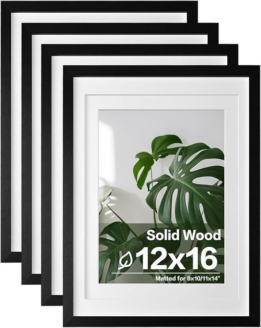 Egofine 12x16 Picture Frames 4PCS Covered by Plexiglass, Made of Solid Wood, Display Pictures 9x12/11x14 with Mat or 12x16 Without Mat for Wall Mounting, Black with Texture