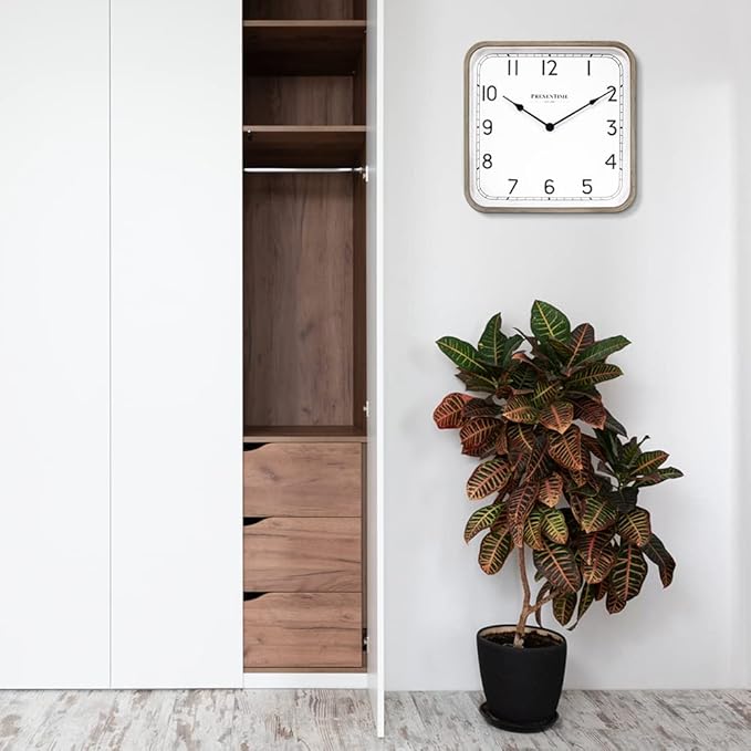 Presentime & Co. 16" Anton Modern Farmhouse Square Clock, Silent No Ticking, Wall Art and Timepiece for Home Decoration/Wall Décor, Light Gray Oak Color
