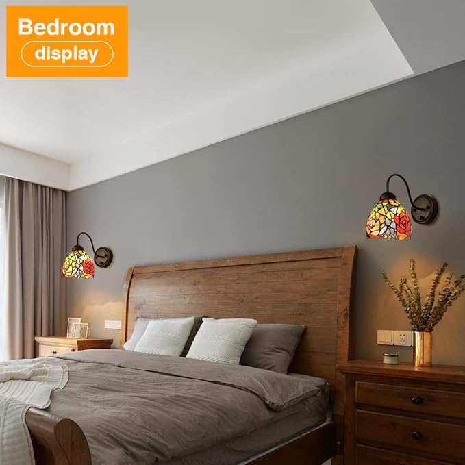 Tiffany Bedside Wall Mount Lamp with Dimmable Switch, Industrial Vintage Gooseneck Wall Sconce with Plug in Cord, Rose Stained Glass Shade Wall Light Perfect for Bedroom, Living Room and Hotel