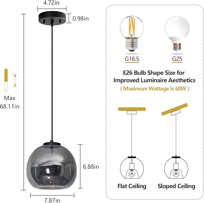 1-Light Mirror Smoke Gray Glass Pendant Lights Kitchen Island Black Hanging Light Fixture 7.87" Glass Globe Pendant Light Modern Pendant Lighting for Kitchen Island Bedroom Dining Room