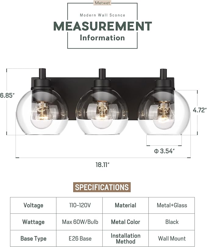 Bathroom Light Fixtures, 3-Light Matte Black Vanity Light, Modern Wall Sconces with Clear Glass Globe Shade, Bathroom Wall Lights for Mirror Kitchen Bedroom Hallway, VL195-MB-3
