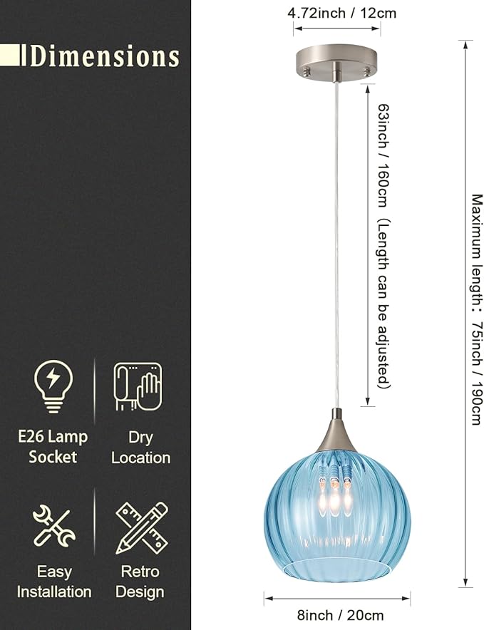 Brushed Nickel Pendant Lights Kitchen Island, Globe Pendant Light Fixtures with 8 Inch Clear Glass Shade, Modern Hanging Light Fixtures for Kitchen, Bedroom (1 Pack - Blue Glass Pendant Light)