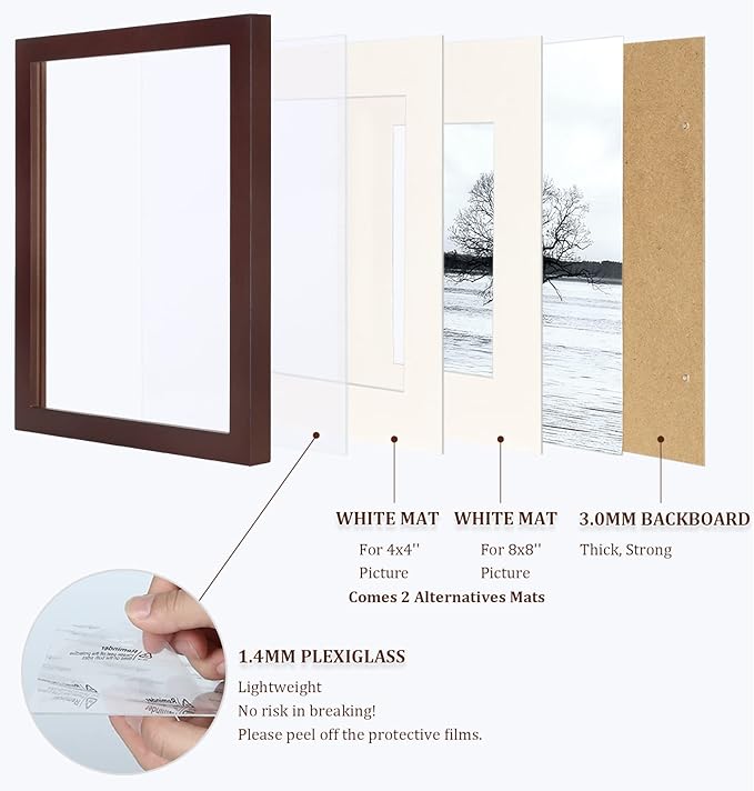 Egofine 11x11 Picture Frames 4 Pack Covered by Plexiglass, Display Pictures 8x8 with Mat or 11x11 Without Mat Made of Solid Wood for Table Top Display and Wall Mounting Photo Frame, Walnut Color