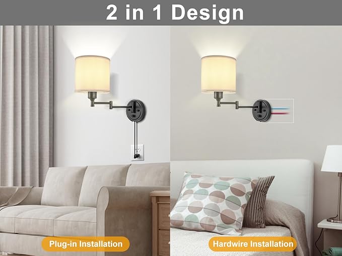 Plug in Wall Sconces with Remote Control, Dimming 10%-100% & Adjustable Colors 2700K-6500K, Hardwire or Plug-in, Swing Arm Wall Lamp with White Fabric Shade, Wall Sconces Set of Two, Black Finish