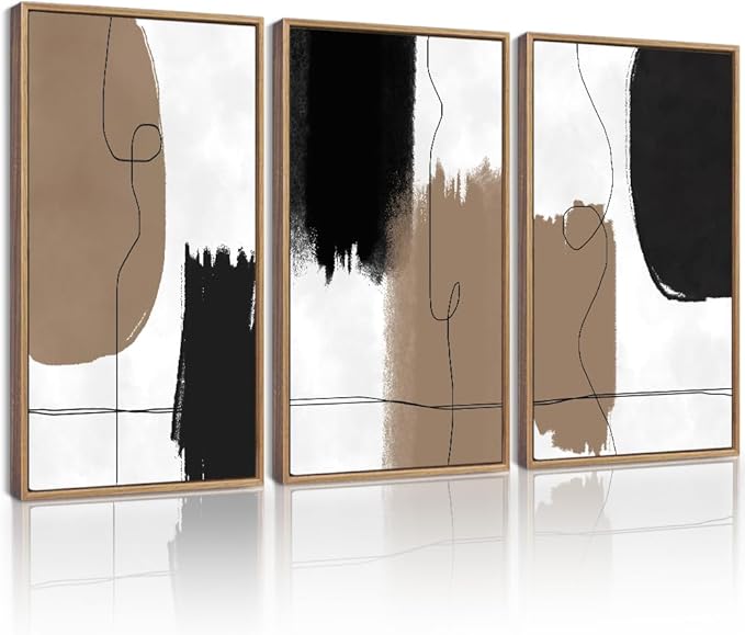 KUVIOKE Neutral Abstract Framed Wall Art Beige Mid Century Textured Wall Decor Minimalist Line Modern Illustrations Art Print Home Decor 16x24in (Natural Framed)