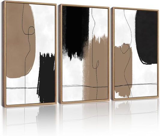 KUVIOKE Neutral Abstract Framed Wall Art Beige Mid Century Textured Wall Decor Minimalist Line Modern Illustrations Art Print Home Decor 16x24in (Natural Framed)