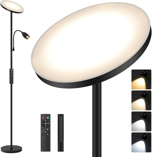 LED Torchiere Floor Lamp with Gooseneck Reading Light, 69" Dimmable Reading Floor Lamp with Adjustable Color Beam, Remote Control Standing Lamp, Zoomable Spotlight for Living Room,Bedroom,Office,Black